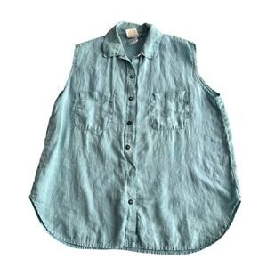 Tom Tom VTG USA Made 100% Linen Aqua Sleeveless Button Up Blouse M